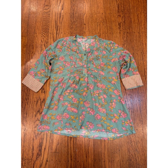Unknown Tops - Boho Floral Pintuck Tunic Top Teal Green Pink 3/4 Sleeve Striped Cuff Medium